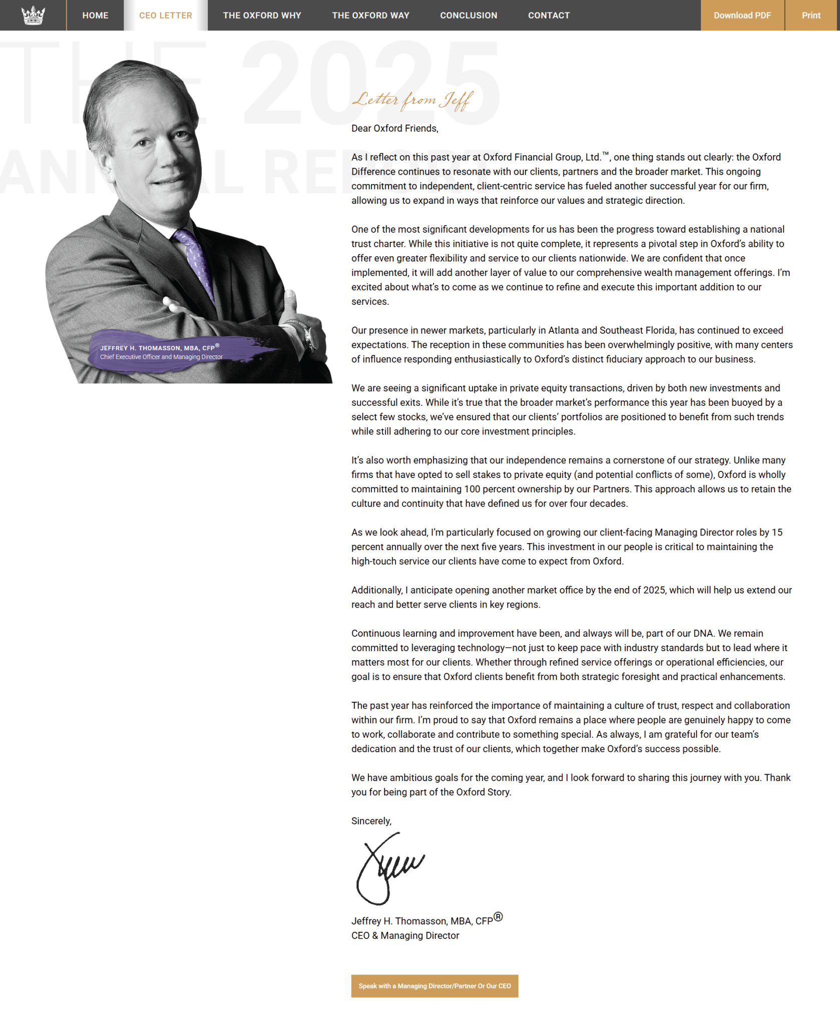 CEO Letter - Oxford Financial Group Annual Report - 2025